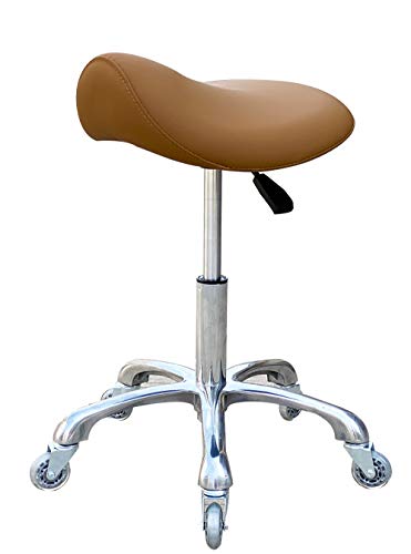 FRNIAMC Professional Saddle Stool with Wheels Ergonomic Swivel Rolling Height Adjustable for Clinic Dentist Beauty Salon Tattoo Home Office (Camel)