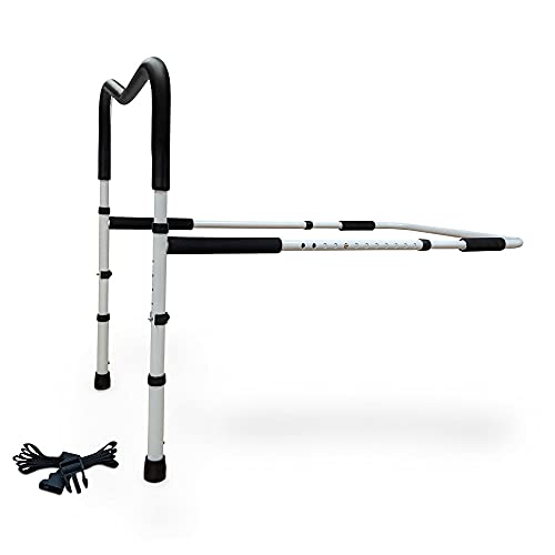 Avantia Adjustable Steele Home Bed Rail and Grab Bar with Floor Support, Strong and Sturdy Foam-Padded Handle for Comfort, Bedside Assistance and Safety, Black and White, 775-640