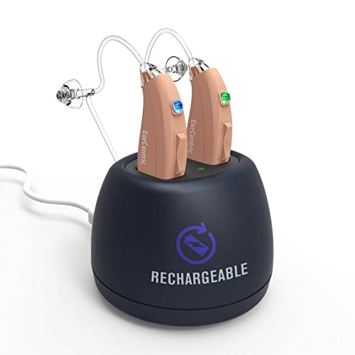 EarCentric EasyCharge Rechargeable Hearing Aids (Pair) for Seniors, Adults, Behind-The-Ear BTE Ear Aid PSAP digital Personal sound amplification products devices with Noise Cancellation