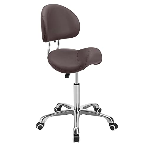 Kaleurrier Saddle Stool Rolling Swivel Height Adjustable with Wheels,Heavy Duty Anti-Fatigue Stool,Ergonomic Stool Chair for Dentist,Salon,Massage,Office and Home Kitchen (Coffee,with Backrest)