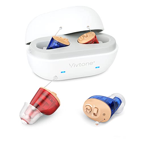 [New] Vivtone Rechargeable Hearing Amplifier to Aid Hearing for Adults & Seniors, Easy Operation, with Portable Charging Case for 80 Hours Backup Power, Red & Blue, Pair, AU01