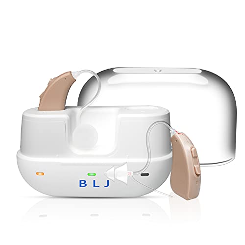 BLJ Hearing Aid Rechargeable for Adults and Seniors with Noise Reduction and Intelligent Feedback Suppression, Small Hearing Amplifier with Portable Charging Box (Beige)