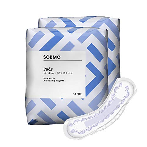 Amazon Brand - Solimo Incontinence/Bladder Control Pads for Women, Moderate Absorbency, Long Length, 108 Count, 2 Packs of 54