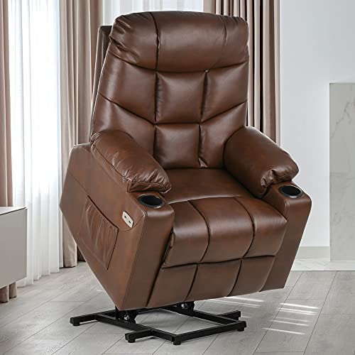 YITAHOME Electric Power Lift Recliner Chair for Elderly, Faux Leather Recliner Chair with Massage and Heat, Spacious Seat, USB Ports, Cup Holders, Side Pockets, Remote Control