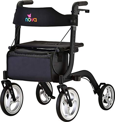 NOVA Medical Products Express Rollator Walker, Large 10” & 8” Wheels, Compact Foldable & Free Standing, Easy to Fold, Lift & Carry, Comes with Cane Holder, Black