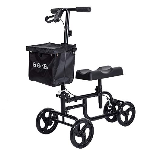 ELENKER Knee Scooter Economy Steerable Knee Walker Ultra Compact & Portable Crutch Alternative with Basket Braking System for Ankle/Foot/Leg Injury or Surgery Black