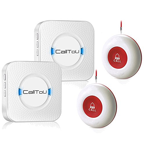 CallToU Wireless Caregiver Pager Smart Call System 2 SOS Call Buttons/Transmitters 2 Receivers Nurse Calling Alert Patient Help System for Home/Personal Attention Pager 500+Feet Plugin Receiver