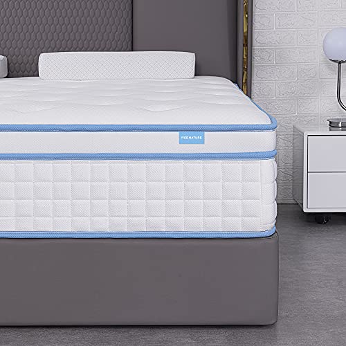 Queen Mattress,IYEE NATURE 10 Inch Queen Size Hybrid Mattress Individual Pocket Springs with Foam,Queen Bed in a Box with Breathable and Pressure Relief,Medium Firm,Bule