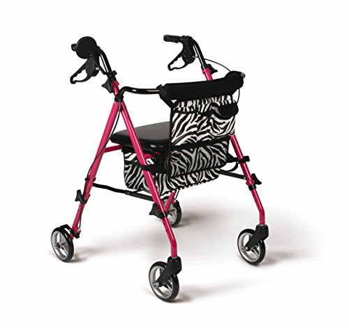 Medline Posh Premium Lightweight, Foldable, Aluminum Rollator Walker with Wheels, Water Resistant, Zebra Print Bag, Pink, 6 Inch