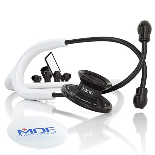 MDF Acoustica Lightweight Stethoscope, Adult, Dual Head, Free-Parts-for-Life, White Tube, Black Chestpiece-Headset, MDF747XPBO29
