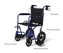 Load image into Gallery viewer, Medline Lightweight Transport Wheelchair with Handbrakes, Folding Transport Chair for Adults has 12 inch Wheels, Blue
