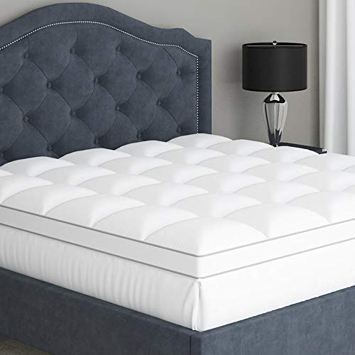 Cooling Mattress Topper Queen Pillow Top, Optimum Thick & Plush Quilted with Soft Cotton Fabric & Down-Like Fill for Back Pain, Snug Fits 8 - 20 inch Mattresses