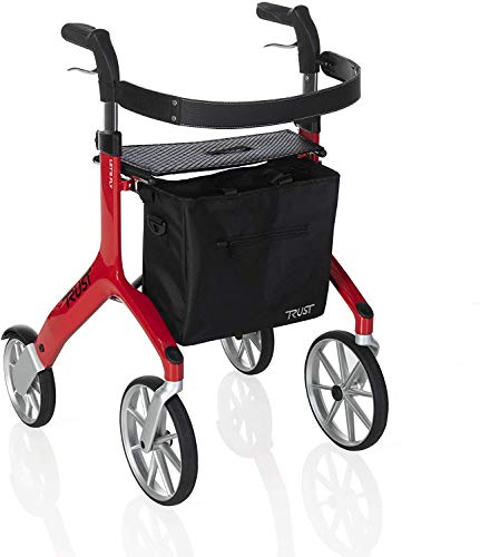 Stander Let’s Fly Rollator, Lightweight Four Wheel Euro Style Walker with Seat and Locking Brakes, Foldable Rolling Walker for Seniors by Trust Care, Red