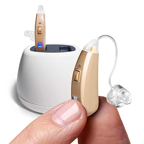 MDHearingAid Volt Hearing Aid (Set of 2), Doctor-Designed Rechargeable, 2 Directional Microphones, 4 Audio Settings, Fits with Glasses, Deluxe Charger Included