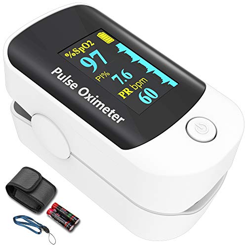 Pulse oximeter fingertip, Portable Blood Oxygen Saturation Monitor for Heart Rate and SpO2 Level, O2 Monitor Finger for Oxygen,Pulse Ox,Oxi Include Carrying case,Lanyard and Batteries, Grey-White