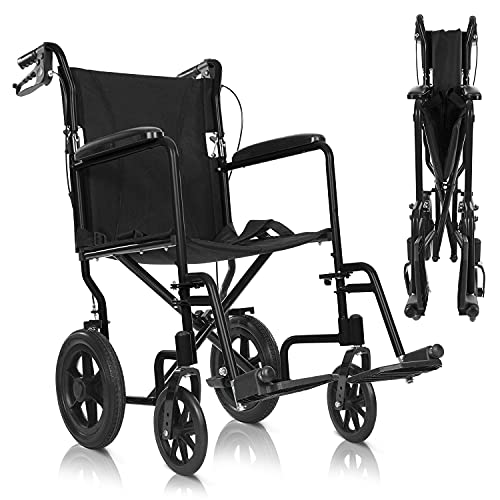 Vive Mobility Folding Transport Wheelchair - Aluminum Chair with Hand Brake - Lightweight, Foldable, Travel Manual Mobility Aid - Ultralight Comfortable 19 Inch Wide Bariatric Handicap Seat (Black)