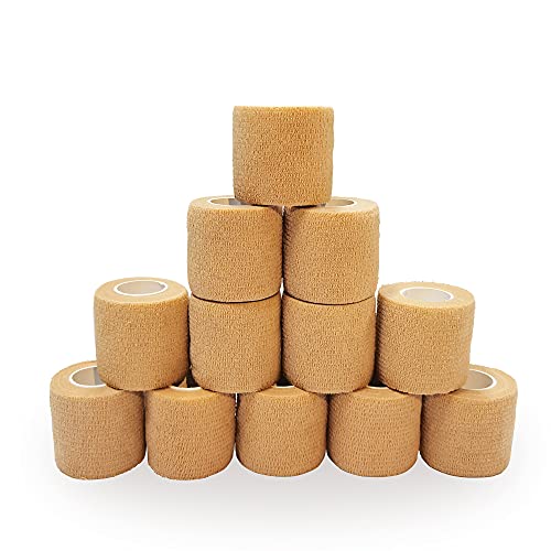 12 Bulk Pack Cohesive Tape, Self Adherent Wrap 2 Inches X 5 Yards - Self Adhesive Bandage Medical Vet Wrap for First Aid, Sports Protection and Wrist, Ankle Sprains & Swelling