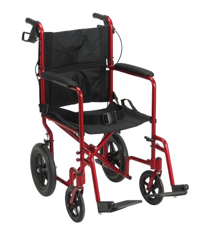 Drive Medical Lightweight Expedition Transport Wheelchair with Hand Brakes, Red