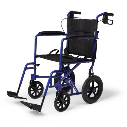 Medline Lightweight Transport Wheelchair with Handbrakes, Folding Transport Chair for Adults has 12 inch Wheels, Blue