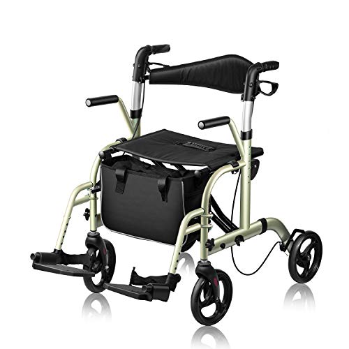 WINLOVE 2 in 1 Rollator Walker Wheelchair for Seniors and Adults Transportation Foldable Compact Stable Lightweight Alumium with Backrest Rolling (Champagne)