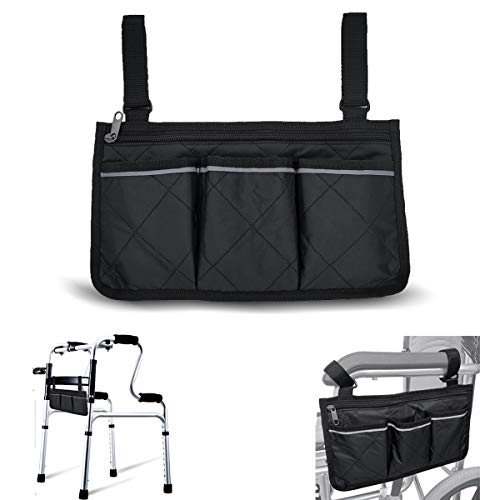 Wheelchair Armrest Accessories, Side Bags to Hang on Side with Bright Line Waterproof Black Walker Storage Pouches Fathers Mothers Day Gifts for Home/Outdoor/Baby Cart (Black Side)