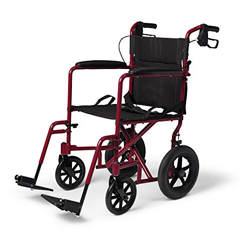 Medline Lightweight Transport Wheelchair with Handbrakes, Folding Transport Chair for Adults, 12 inch Wheels, Red