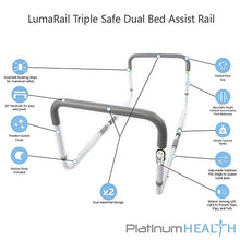 Load image into Gallery viewer, LumaRail-Triple Safe, Double-Sided Dual Bed Assist Rail Support Bar Handle with LED Sensor Nightlight and Glow Safe Strips. Adjustable Height TOP Rail Accommodates Thick MATTRESSES and Toppers.
