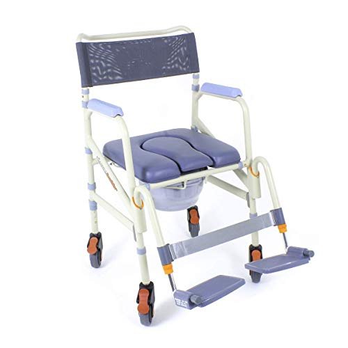 Showerbuddy Lightweight Foldable Roll-in SB7e Shower & Bath Chair | Transport Commode Medical Rolling Bathroom Wheelchair | Hight Adjustable Flip Up Footrests | Perfect for Travel Use