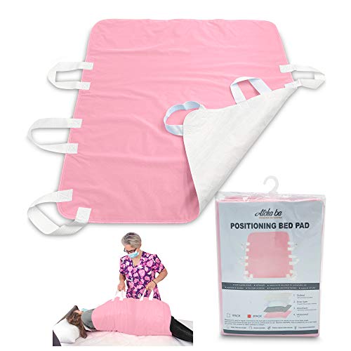 Atcha Ba Waterproof Positioning Bed Pad with 6 Handles, Reusable Incontinence Underpad, Washable Hospital and Home Care Sliding Sheet, 34” x 36” (1-Pack Pink)