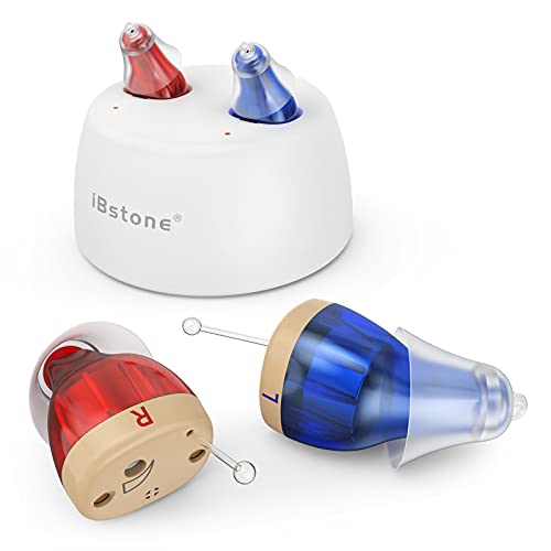 iBstone Rechargeable Hearing Amplifier to Aid Hearing, Completely-in-Canal (CIC) Mini Digital Hearing Devices for Seniors & Adults, Blue & Red, Pair