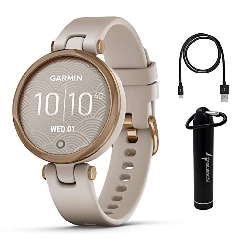 Garmin Lily Women’s Fitness Sport Smartwatch with Wearable4U Power Bank Bundle (Rose Gold Bezel with Light Sand Silicone Band)