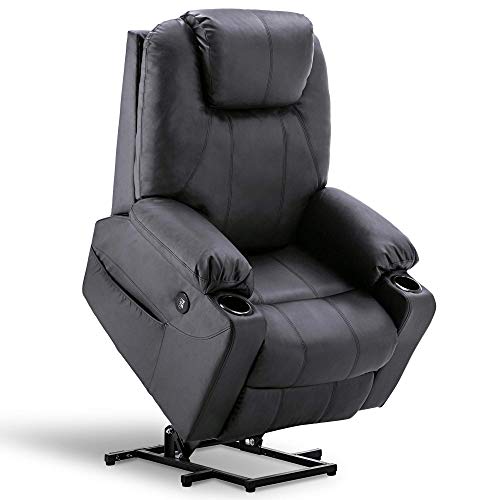 Mcombo Large Power Lift Recliner Chair with Massage and Heat for Elderly Big and Tall People, 3 Positions, 2 Side Pockets and Cup Holders, USB Ports, Faux Leather 7517 (Large, Black)