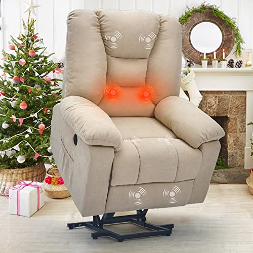 YODOLLA Larger Lift Chair for Elderly, Big and Tall Lift Recliner with Side Pockets,USB Port & Massage Remote Control, Lazyboy Power Rising Recliner with Heat&Vibration Massage,Cream Beige