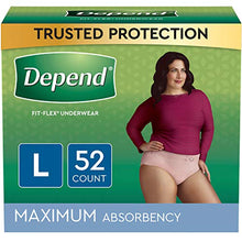 Load image into Gallery viewer, Depend FIT-FLEX Incontinence Underwear for Women, Disposable, Maximum Absorbency, Large, Blush, 52 Count (2 Packs of 26) (Packaging May Vary)
