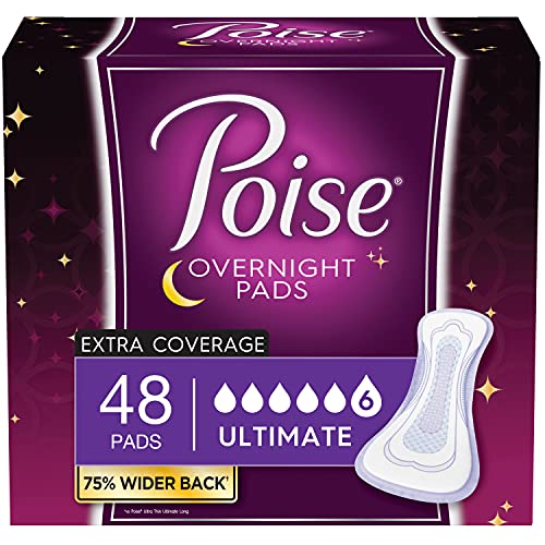 Poise Overnight Incontinence Pads for Women, Ultimate Absorbency, 48 Count (2 packs of 24) (Packaging May Vary)
