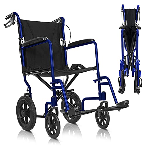 Vive Mobility Folding Transport Wheelchair - Aluminum Chair with Hand Brake - Lightweight, Foldable, Travel Manual Mobility Aid - Ultralight Comfortable 19 Inch Wide Bariatric Handicap Seat (Blue)