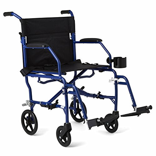 Medline Ultralight Transport Wheelchair with 19” Wide Seat, Folding Transport Chair with Permanent Desk-Length Arms, Blue Frame