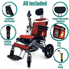 Load image into Gallery viewer, MALISA Electric Wheelchair for Adults, Portable All Terrain Lightweight Wheelchairs, Foldable Motorized Power Wheel Chair, Remote Control Leather Wheelchair (17.5&quot; Seat) (Red, Silver Frame)
