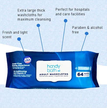 Load image into Gallery viewer, Handybath Incontinence Adult Washcloths Scented for Senior Care or Outdoor Activities - Extra Large 12 x 9&quot; Towels -Cleaning Wipes with Aloe &amp; Chamomile - Rinse Free - 64 Count Pack (1 Pack)
