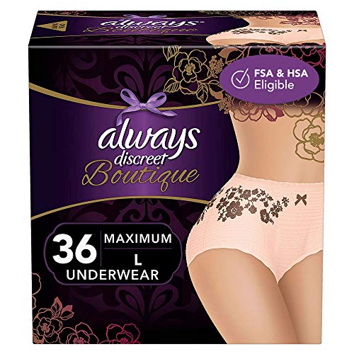 Always Discreet Boutique Incontinence & Postpartum Incontinence Underwear for Women, Large, 36 Count, FSA HSA Eligible, Maximum Protection, Disposable (18 Count, Pack of 2 - 36 Count Total)