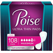 Load image into Gallery viewer, Poise Ultra Thin Incontinence Pads for Women, Maximum Absorbency, Long Length, 108 Count (3 Packs of 36) (Packaging May Vary)
