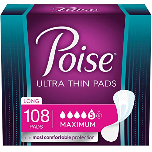 Poise Ultra Thin Incontinence Pads for Women, Maximum Absorbency, Long Length, 108 Count (3 Packs of 36) (Packaging May Vary)