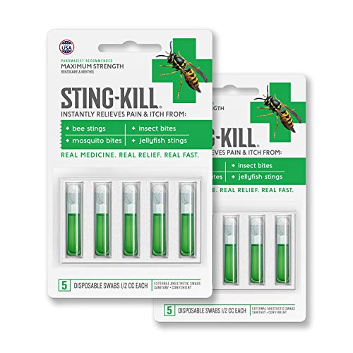 Sting-Kill First Aid Anesthetic Swabs, Instant Pain + Itch Relief From Bee Stings and Bug Bites, 5-count (pack of 2)