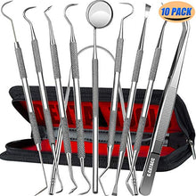 Load image into Gallery viewer, Dental Tools, 10 Pack Professional Plaque Remover Teeth Cleaning Tools Set, Stainless Steel Oral Care Hygiene Kit with Metal Plaque Cleaner, Tartar Scraper, Tooth Scaler, Tongue Scraper - with Case
