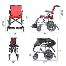 Load image into Gallery viewer, Hi-Fortune Magnesium Wheelchair 21 lbs Lightweight Transport Medical Chair with Adjustable Armrests, Hand Brakes and Cushion, Portable &amp; Folding, 18&quot; Seat, 220 lbs Weight Capacity, Red
