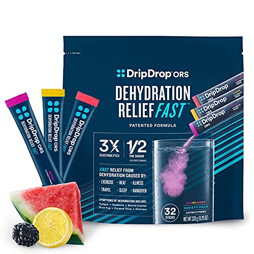DripDrop ORS - Electrolyte Powder For Dehydration Relief Fast - For Workout, Sweating, Illness, & Travel Recovery - Watermelon, Berry, Lemon Variety Pack - 32 x 8oz Servings