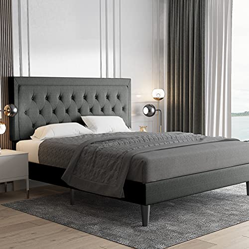 Allewie Queen Size Button Tufted Platform Bed Frame / Fabric Upholstered Bed Frame with Adjustable Headboard / Wood Slat Support / Mattress Foundation / Dark Grey (Queen)