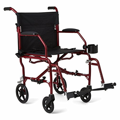 Medline Ultralight Transport Wheelchair with 19” Wide Seat, Folding Transport Chair with Permanent Desk-Length Arms, Red Frame