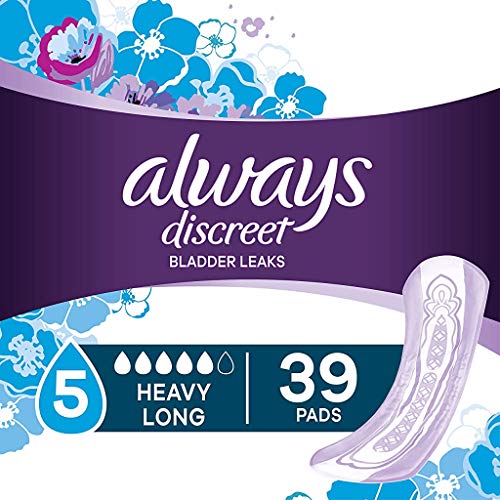 Always Discreet, Incontinence Pads for Women, Maximum, Long Length (Packaging May vary), Purple, 39 Count