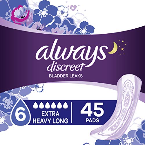 Always Discreet Incontinence & Postpartum Incontinence Pads for Women, Overnight Absorbency, Extra Heavy Long, 45 Count